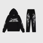 Black Hellstar Sport tracksuit set featuring a signature silver gel logo on the hoodie and flame graphics on pants