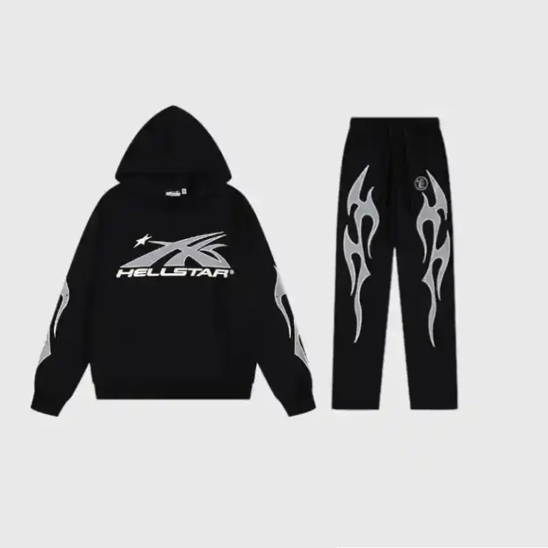 Black Hellstar Sport tracksuit set featuring a signature silver gel logo on the hoodie and flame graphics on pants