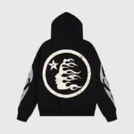 Back view of the black Hellstar Sport gel logo tracksuit hoodie featuring a white circular graphic with a star and face.