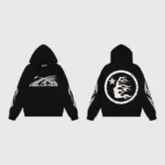 Front and back view of the black Hellstar Sport Gel Logo tracksuit hoodie with unique graphic branding and flame details.