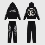 Black Hellstar Sport Gel Logo Tracksuit set featuring hoodies and matching pants with distinctive graphic flame designs.