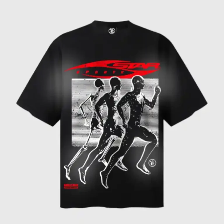 Hellstar Sport black graphic T-shirt with vintage distressed racing logo and trio of running skeleton figures on front