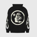 Back view of the Hellstar Sport black hoodie featuring a large vintage-washed flame logo graphic and a star icon.