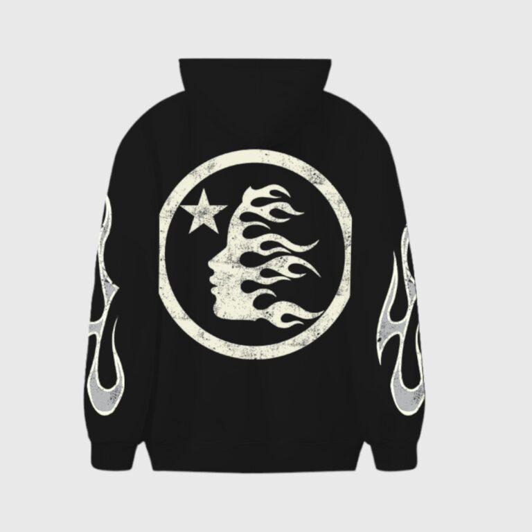 Back view of the Hellstar Sport black hoodie featuring a large vintage-washed flame logo graphic and a star icon.