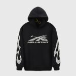 Front view of a vintage washed black Hellstar Sport hoodie featuring a graphic screen print and sleeve flame logos.