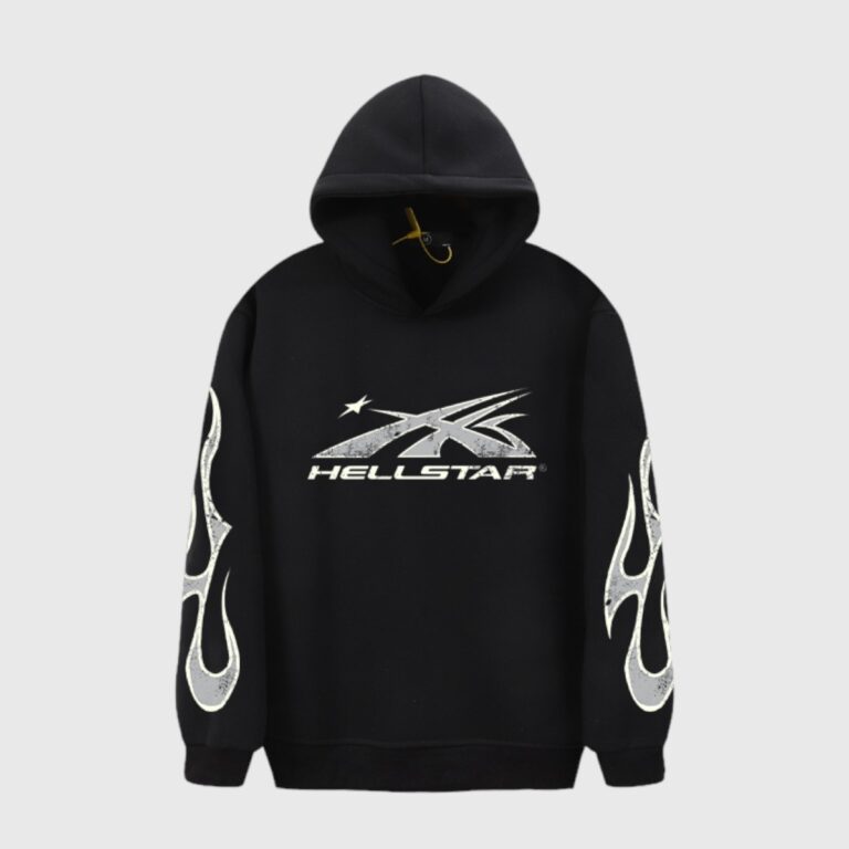 Front view of a vintage washed black Hellstar Sport hoodie featuring a graphic screen print and sleeve flame logos.