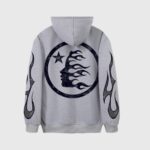 Back view of the grey Hellstar Sport Hoodie featuring a large circular flame and star logo on the back fabric.