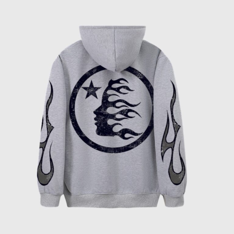 Back view of the grey Hellstar Sport Hoodie featuring a large circular flame and star logo on the back fabric.