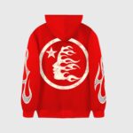 Back view of the Hellstar Sport Hoodie in red, featuring a signature white flame logo graphic on the back.