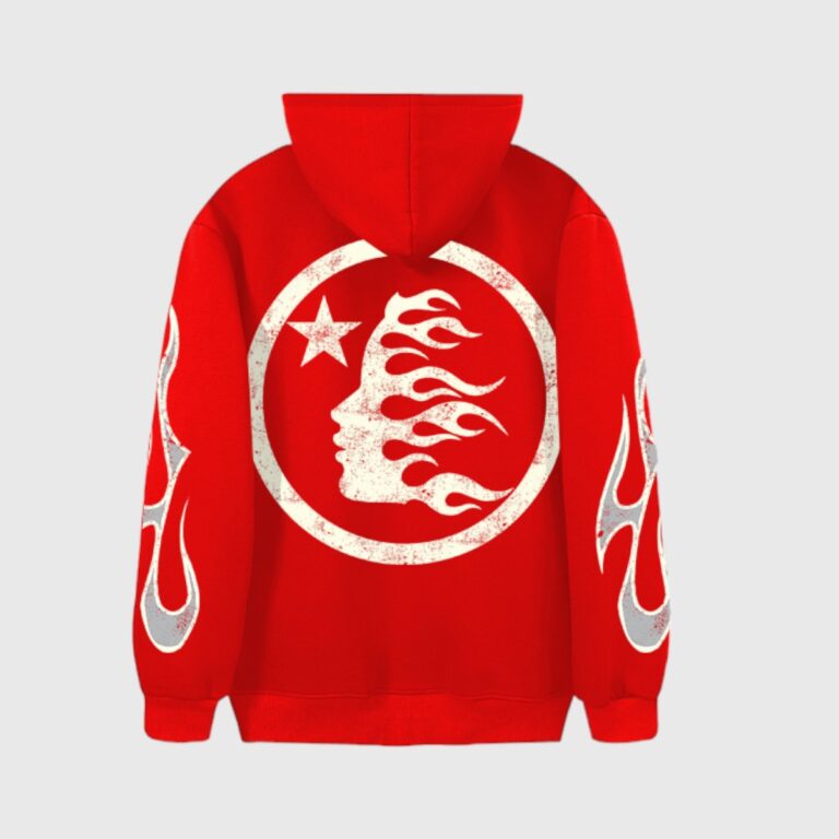 Back view of the Hellstar Sport Hoodie in red, featuring a signature white flame logo graphic on the back.