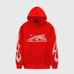 Front view of the vibrant red Hellstar Sport hoodie featuring white graphic logo print on the chest and sleeve flames.