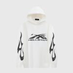 The Hellstar Sport Hoodie in white featuring a signature bold graphic logo on the chest and flame details on sleeves.