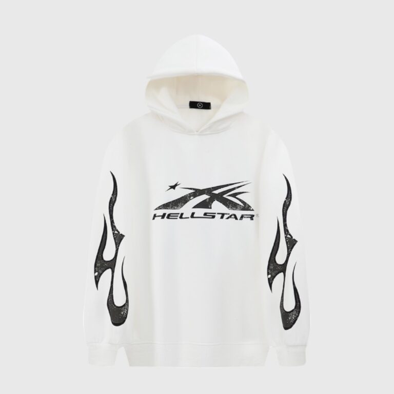 The Hellstar Sport Hoodie in white featuring a signature bold graphic logo on the chest and flame details on sleeves.
