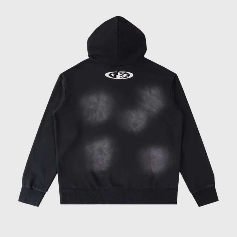 Back view of the black Hellstar Sport Logo hoodie featuring a graphic print on comfortable heavy-weight cotton fleece.
