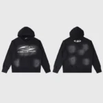 Front and back view of the black Hellstar Sport Logo hoodie featuring a graphic screen print on heavy fleece.