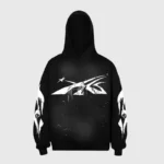 Front view of the black Hellstar Sport Logo hoodie featuring a bold white graphic print and detailed arm designs.
