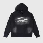 Front view of the black Hellstar Sport Logo hoodie featuring premium heavyweight fleece fabric and a white graphic.