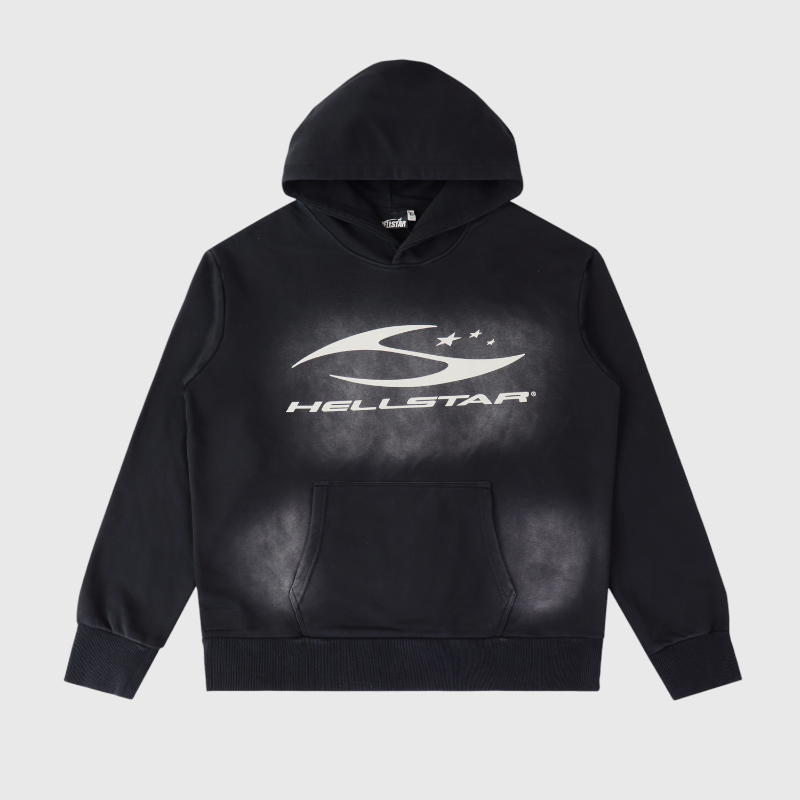 Hellstar Sport Logo Black Hoodie Front View Front view of the black Hellstar Sport Logo hoodie featuring premium heavyweight fleece fabric and a white graphic.