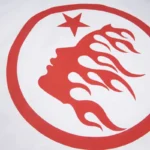 Close-up view of the red Hellstar Sport logo graphic on a premium white cotton streetwear sweatshirt for men.