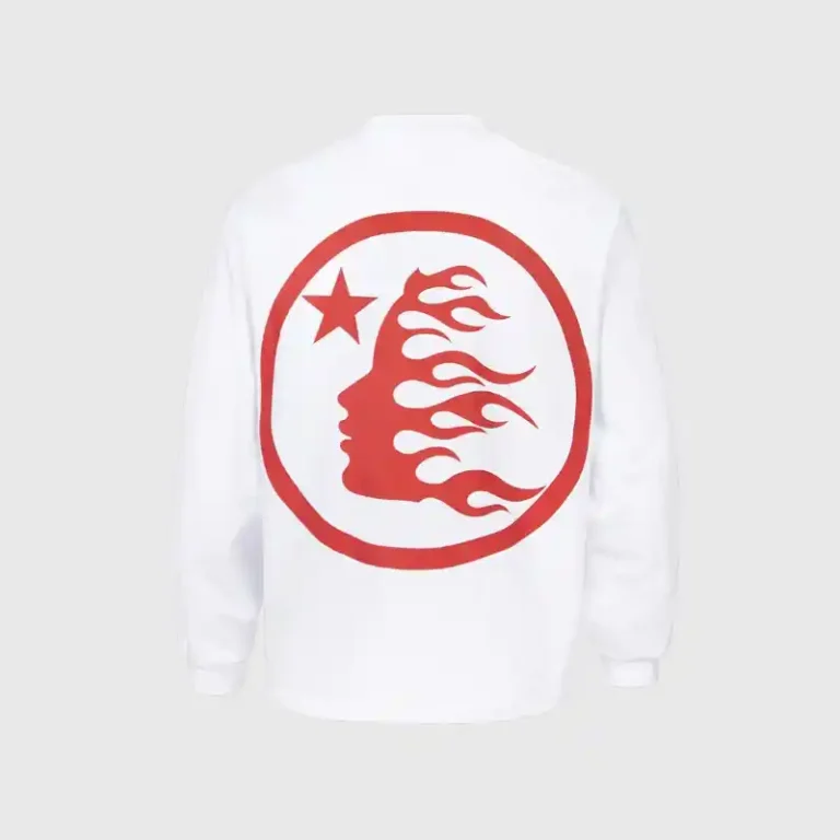Back view of the white Hellstar Sport Logo sweatshirt featuring a red circular graphic with a star and face print.