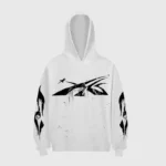 The Hellstar Sport Logo Hoodie in white featuring a distinct black graphic design and unique sleeve prints for streetwear.