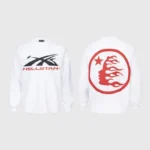 Front and back view of the white Hellstar Sport Logo sweatshirt featuring signature graphic branding and premium cotton.