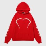 Bright red Hellstar sport pullover hoodie featuring a graphic design with white accents and star motifs on the sleeves