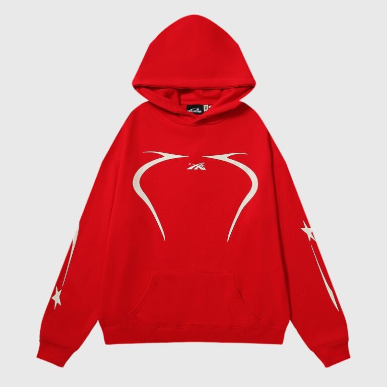 Bright red Hellstar sport pullover hoodie featuring a graphic design with white accents and star motifs on the sleeves