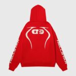 Back view of the vibrant red Hellstar Sport pullover hoodie featuring white graphic screen prints on the rear and sleeves.