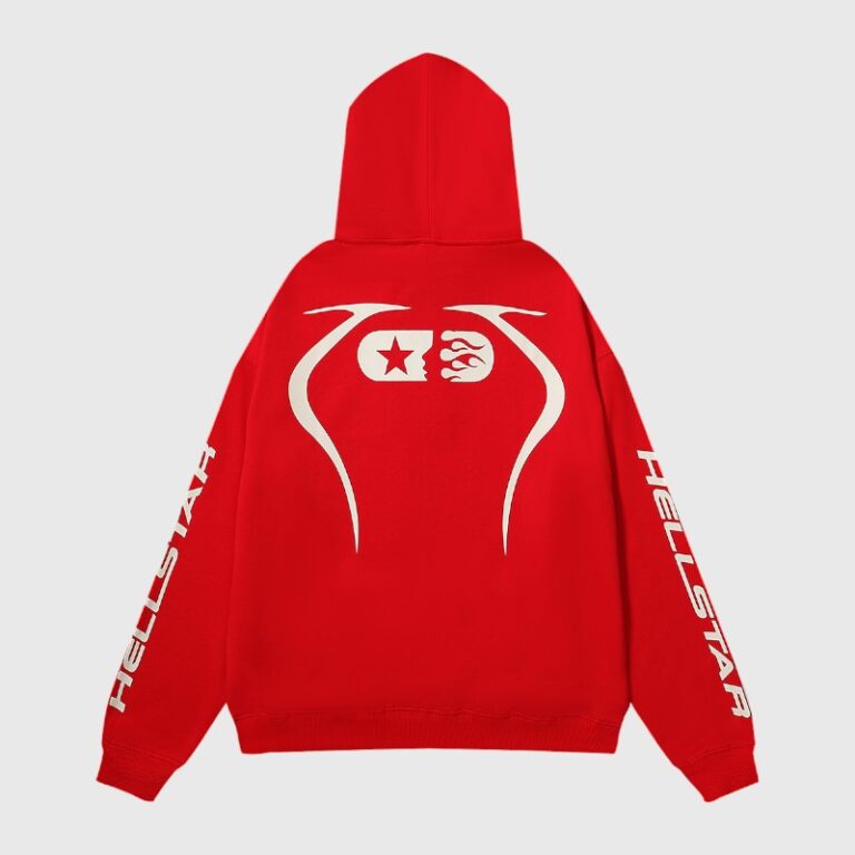 Back view of the vibrant red Hellstar Sport pullover hoodie featuring white graphic screen prints on the rear and sleeves.
