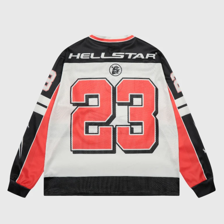 Back view of the Hellstar Sport Style Long Sleeve Tee in white, black, and red with the number 23 graphic on the back.