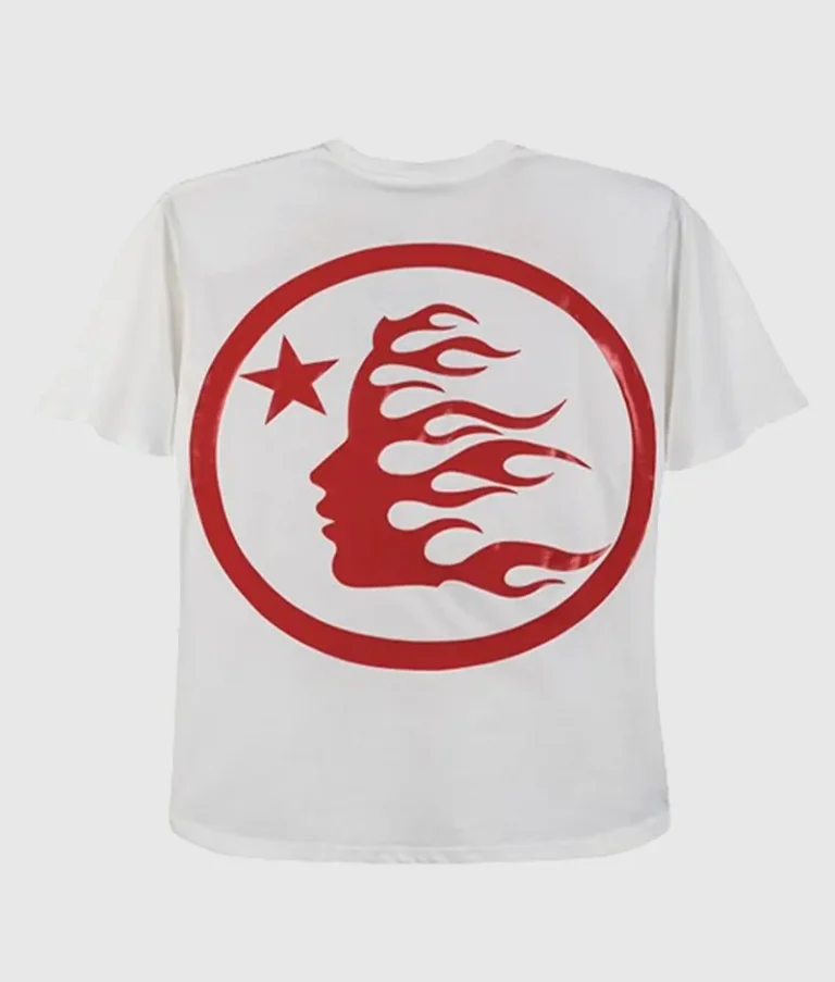 White Hellstar Sport T-Shirt featuring a back side graphic of a red flaming face and a star inside a circular frame.