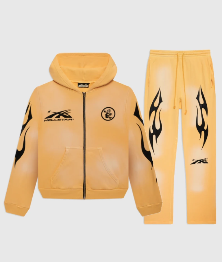 Men's Hellstar Sport yellow tracksuit featuring a zip-up hoodie and matching sweatpants with vintage flame graphics.