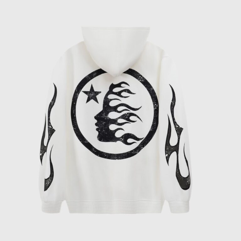 Back view of the white Hellstar Sport hoodie featuring a large black flame graphic logo and sleeve designs.
