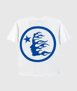 Back view of the Hellstar Sport white T-shirt featuring a blue graphic of a flaming head and a star inside a circle.