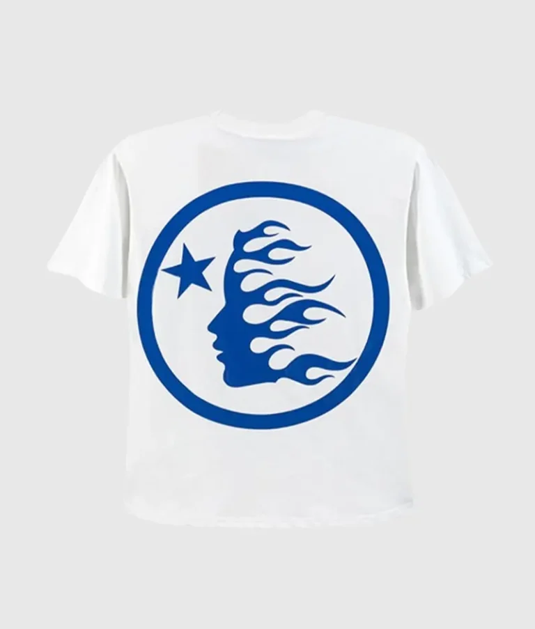 Back view of the Hellstar Sport white T-shirt featuring a blue graphic of a flaming head and a star inside a circle.