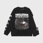 Black Hellstar Sports 96 crewneck sweatshirt featuring a vintage graphic eye print on the chest and sleeve logos.
