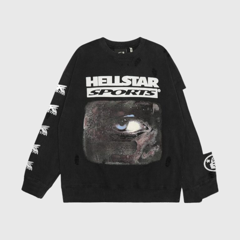 Black Hellstar Sports 96 crewneck sweatshirt featuring a vintage graphic eye print on the chest and sleeve logos.