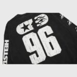 Back view of black Hellstar Sports 96 crewneck sweatshirt featuring a large white distressed graphic design