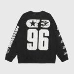 Back view of a black Hellstar Sports 96 crewneck sweatshirt with white graphic branding on the back and long sleeves.