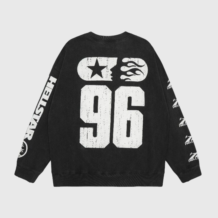 Back view of a black Hellstar Sports 96 crewneck sweatshirt with white graphic branding on the back and long sleeves.