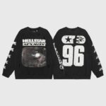 Front and back view of a black Hellstar Sports 96 crewneck sweater featuring an eye graphic and sleeve branding.