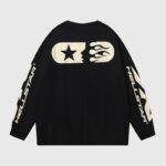 Back view of the Hellstar Sports black crewneck sweater featuring a graphic screen print with a star and flames.