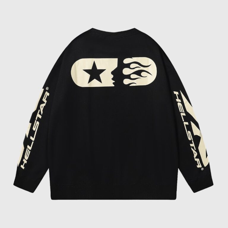 Back view of the Hellstar Sports black crewneck sweater featuring a graphic screen print with a star and flames.