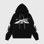 Black Hellstar Sports hoodie featuring a white distressed graphic design on the chest and sleeves with drawstrings.