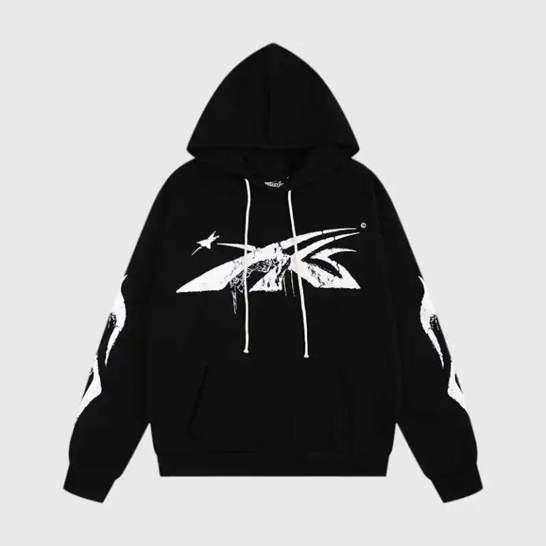 Black Hellstar Sports hoodie featuring a white distressed graphic design on the chest and sleeves with drawstrings.