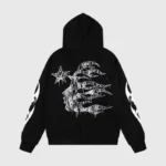 Black Hellstar Sports Tracksuit hoodie featuring a white flaming face and star graphic on the back with a vintage effect.