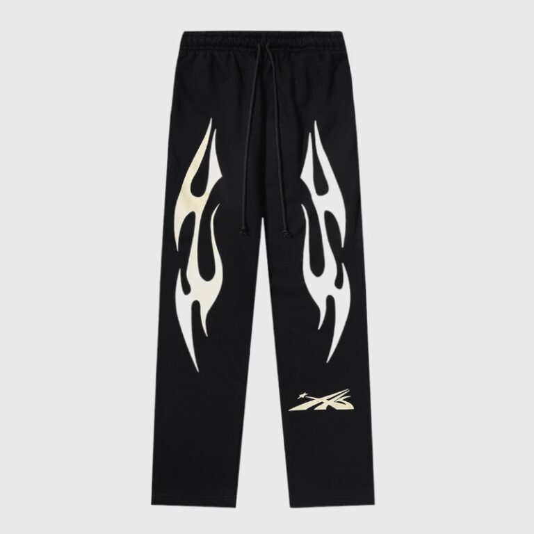 Black Hellstar Sports sweatpants with white flame graphics and signature logo branding on the front.