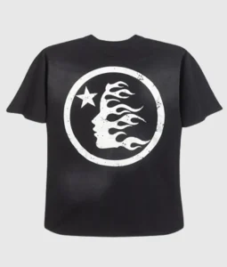 Back view of the Hellstar Sports black tee shirt featuring a vintage washed graphic screen print and cotton fabric.