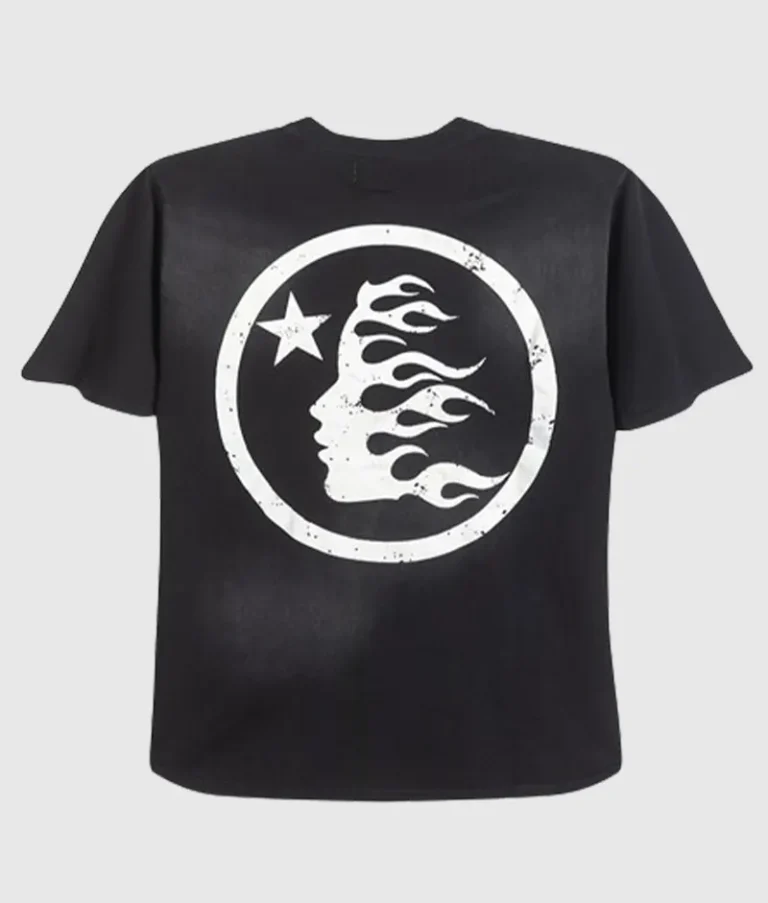 Back view of the Hellstar Sports black tee shirt featuring a vintage washed graphic screen print and cotton fabric.